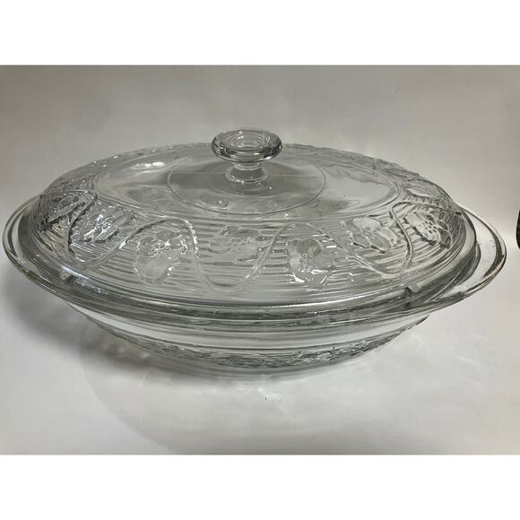 Anchor Hocking Avalon Casserole Dish & Lid 3 Quart Oval VTG Pressed Glass Floral - Picture 7 of 7